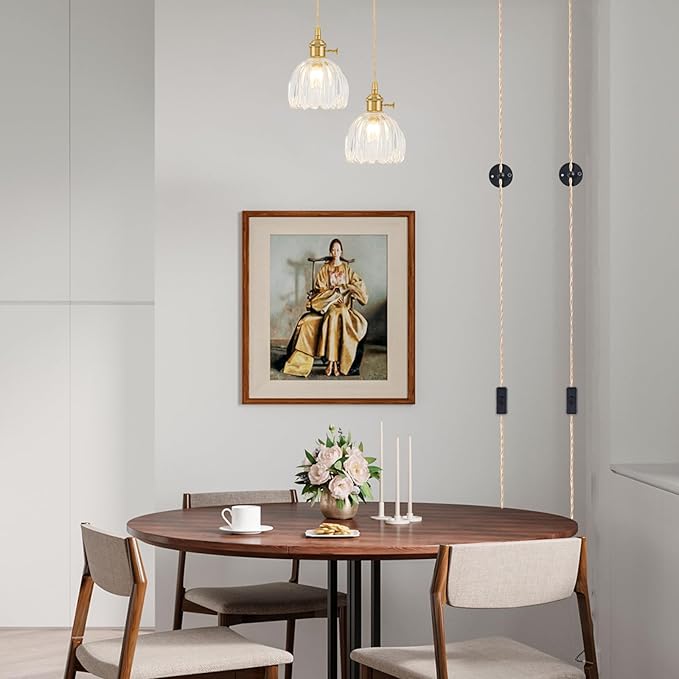 Plug in Pendant Light Fixtures, Hanging Light Fixture Vintage Glass Pendant Light, Mini Transparent Tulip Hanging Lamp, Pendant Lighting for Kitchen Island, Bedroom, Dining Room, Living Room