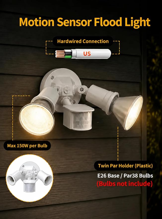 Motion Sensor Outdoor Light, 300W Waterproof Twin E26 PAR38 Holder | Waterproof Hardwired Security Flood Lights, Adjustable Twin-Head Holder, Motion Activated Light, 2 Pack（Bulbs not include）