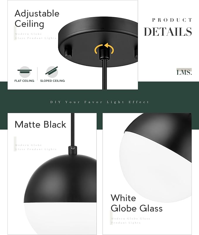 Mid Century Pendant Lights, Matte Black Kitchen Island Light Fixtures with White Globe Glass Shade, Adjustable Hanging Cord, 3 Pack for Home Office Dining Room Bathroom, LMS-186PL-BKWS3PK