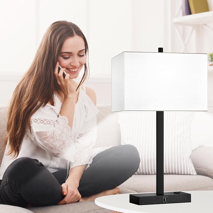 Lynnoland 21" Set of 2 Table lamp with USB A+C & AC Outlets, Touch Control 3-Way Dimmable Nightstand Lamps for Bedroom Living Room Office Reading, White Shade Touch Lamps, 5000K LED Bulbs Included