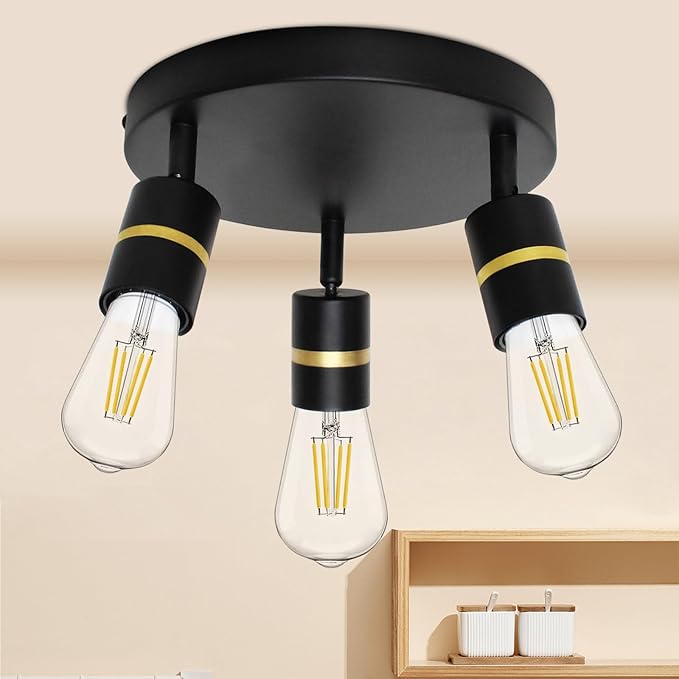 HiBay 3-Light Track Lighting, Rotatable Ceiling Spotlight, Black Gold, E26 | 3 heads for entryway, closet or hall, adjustable black-gold design aims light where needed, E26 base for your own bulbs