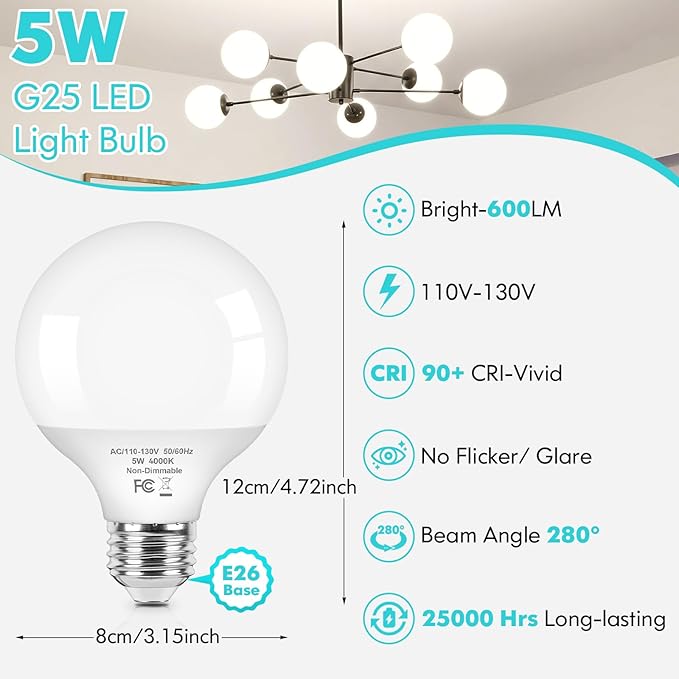 Brightever G25 Globe Light Bulbs 60 Watt, 4000K Natural Daylight LED Vanity Light Bulbs, E26 Base Bathroom Light Bulbs Over Mirror, 5W Round Light Bulb, CRI85+, 600LM, 8-Pack, Non-Dimmable