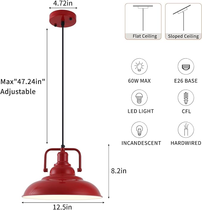 Red Farmhouse Pendant Lights 3 Packs, Metal Pendant Lights Kitchen Island, Industrial Pendant Light, Hanging Island Pendant Light, Barn Light for Kitchen, Living Room, Bedroom, Hallway