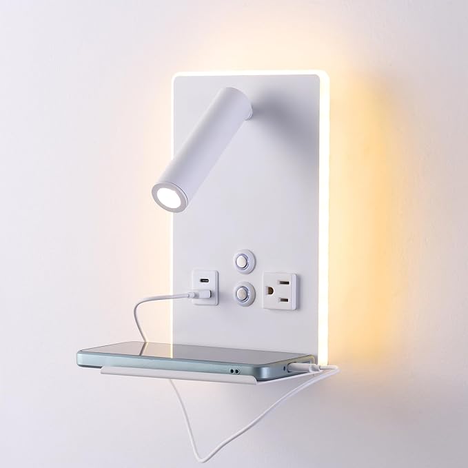 Wall Mounted Reading Light with Shelf - 3 Color Dimmable LED, 360° Adjustable Wall Lamp for Bedroom/Study, Touch Control (White)