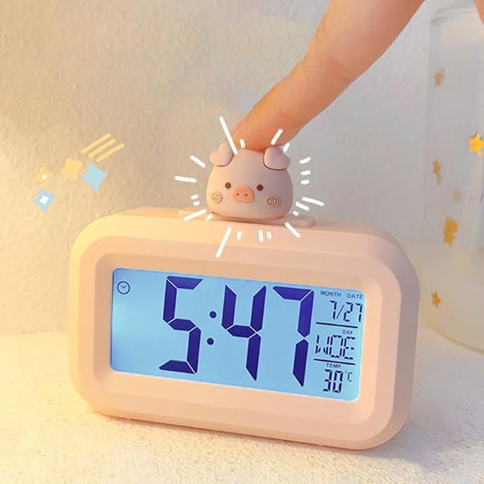 Cartoon Desktop Electronic LED Clock Cute Alarm Temperature (Pink Piggy)