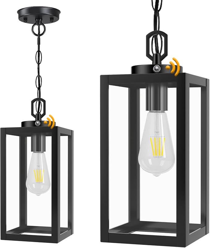 13" Dusk to Dawn Outdoor Pendant Light,Exterior Outside Chandelier Hanging Lantern Light, Matte Black with Clear Glass for Front Door,Porch, Gazebo, Garden.