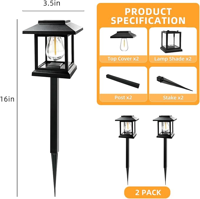 Solar Pathway Lights 2-Pack for for Yard Walkways | IP65 waterproof solar landscape lights. High-efficiency panels provide auto dusk-to-dawn glow for yard and driveway security