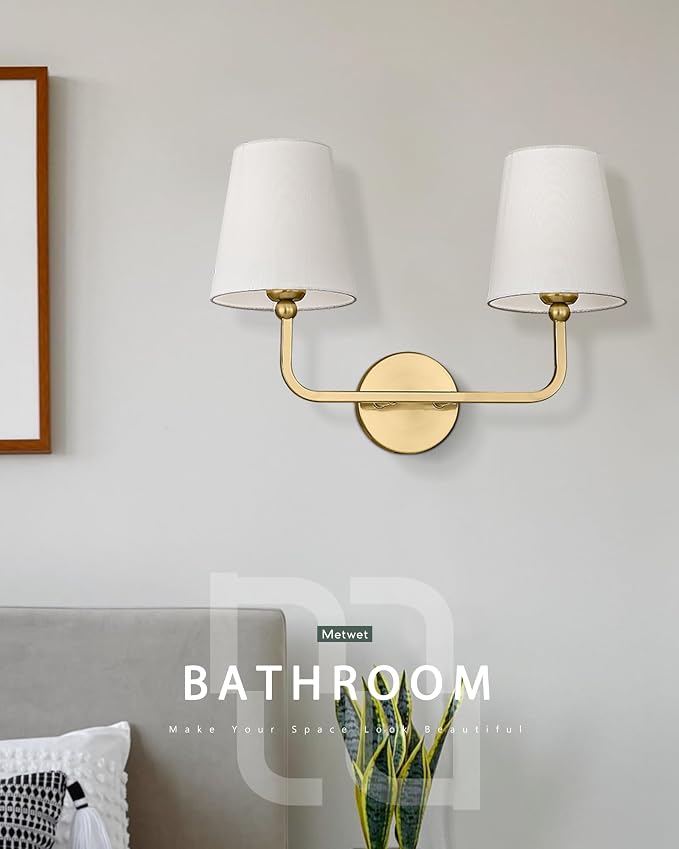 2 Light Bathroom Vanity Light, Brushed Gold Double Wall Sconce with Flared White Fabric Shade, Modern Sconces Wall Lighting for Hallway Bedroom Stairway, VL837-BG | 17" double wall sconce, upward only, E26 base, hardwired, bulbs not included, VL837-BG