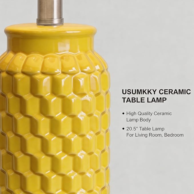 USumkky 20.5" Ceramic Table Lamps Set of 2 - Modern Farmhouse & Boho Style, Bedside Nightstand Lamps for Bedroom, Living Room End Table Lamps, Small Desk Lamp(Yellow)
