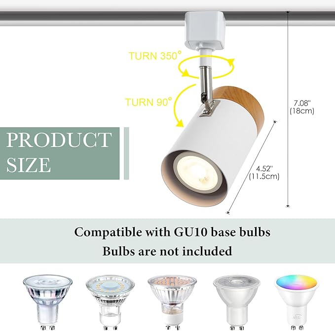 H Type 6 Track Lighting Heads, Natural Solid Wood and Matte White Lampshade Spotlights, Brushed Nickel Swivel Item Kit