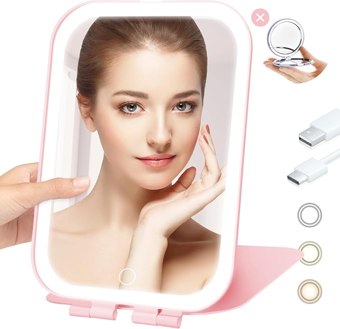 Koolstuffs Travel Mirror with Light with Battery-Powered | Rechargeable Portable Makeup Mirror, 3 Colors LED Lighting, Dimmable Touch Screen