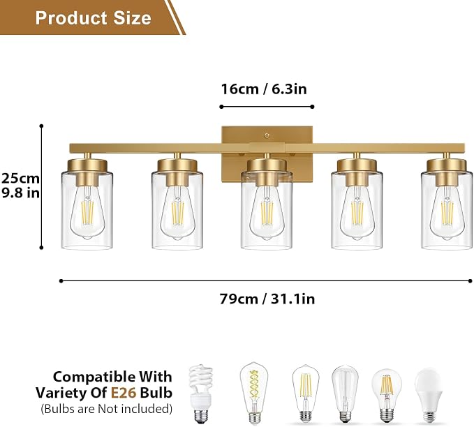 IZORRO Modern Bathroom Light Fixtures, 5 Light Brushed Gold Vanity Lights, Bathroom Lighting Fixtures Over Mirror with Clear Glass for Living Room Cabinet Bedroom