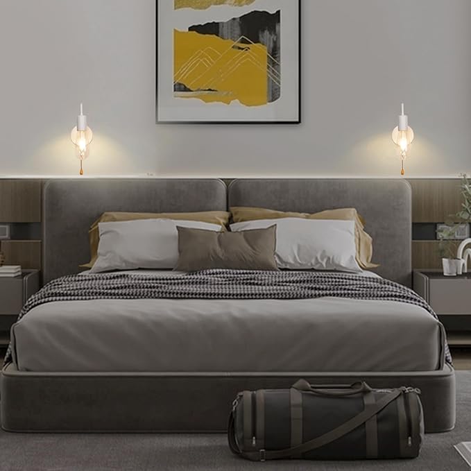 Hardwired Pull Chain Wall Sconce White, 1-Light Wall Light Fixture with On Off Switch, Small Vintage Metal Wall Lamp Indoor for Bedroom Kitchen, Bulb Not Included