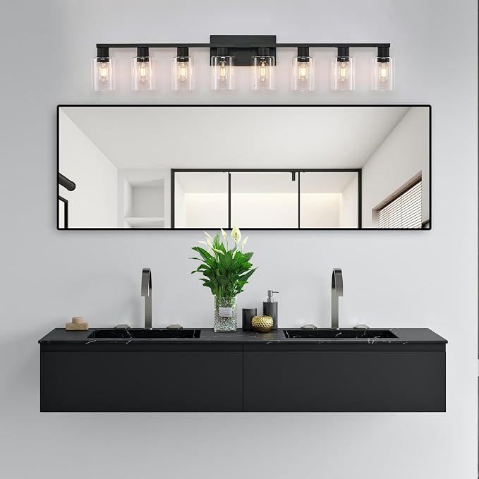8 Light Bathroom Vanity Light Black Vanity Light Fixtures Bathroom Lights Fixtures Over Mirror Large Wall Lights with Clear Glass Shade for Bedroom Living Room Makeup