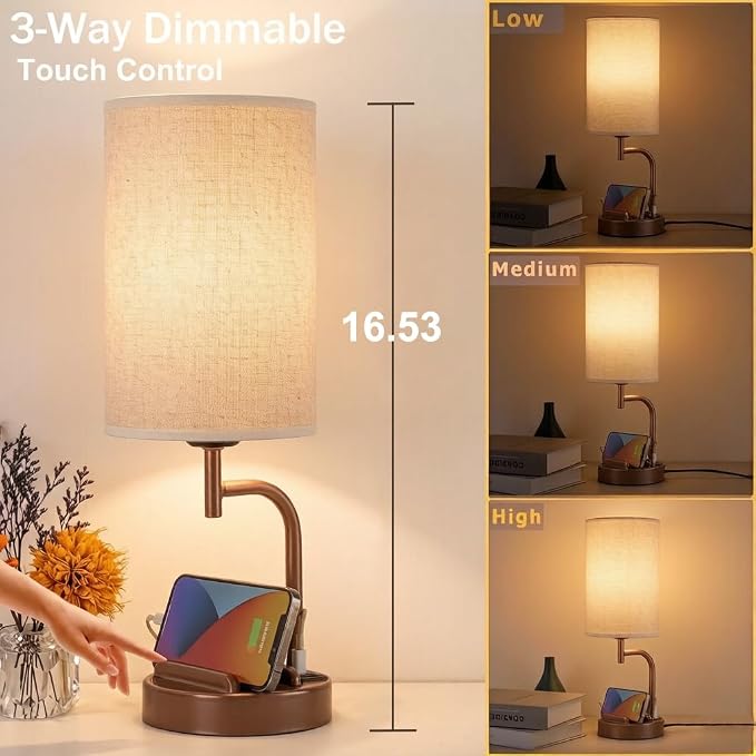 Dreamholder Touch Control USB Table Lamp with USB C/A & AC Outlet, 3-Way Dimmable Bedside Lamp, Modern Nightstand Lamps for Bedroom Living Room Guest Room Office, Bulb Included, Brown