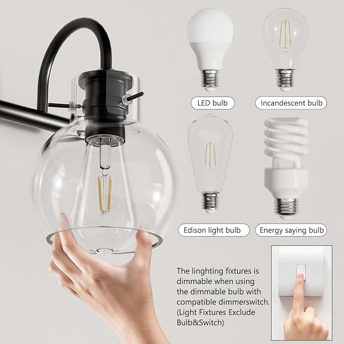 Matte Black Bathroom Vanity Light Fixtures, 4 Light Vanity Lighting Fixtures with Clear Glass Shade, E26 Base, UL Certification (Exclude Bulb)