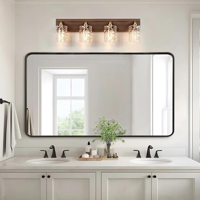 Modern Bathroom Lighting Fixtures Over Mirror, Vanity Lights for Bathroom, Wall Sconces with Clear Glass Shades, E26 Ceramic Socket, 4-Light 27.5-inch Oil-Rubbed