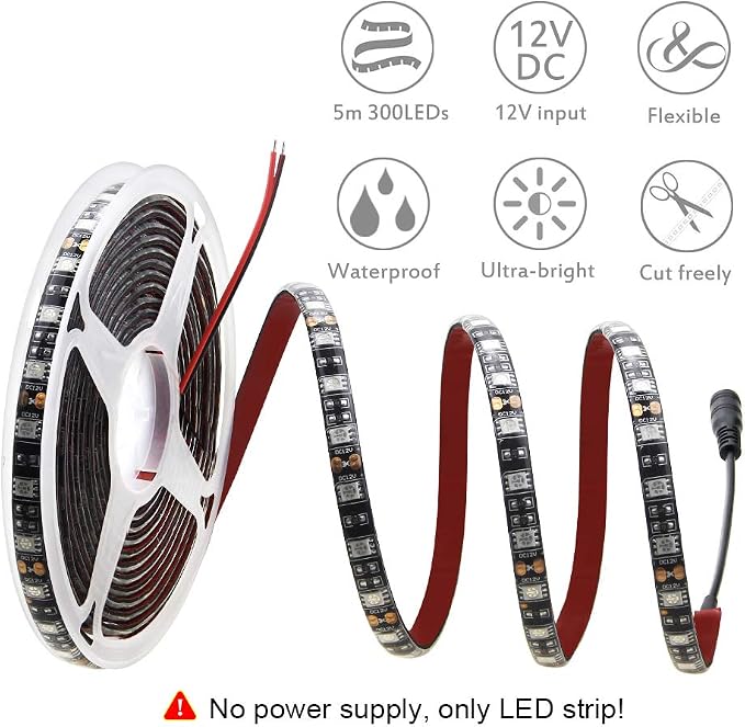 ALITOVE 16.4ft 5050 Blue LED Flexible Strip Ribbon Light Black PCB DC 12V 5M 300 LEDs Waterproof IP65 for Home Garden Commercial Area Lighting, Without Power Supply