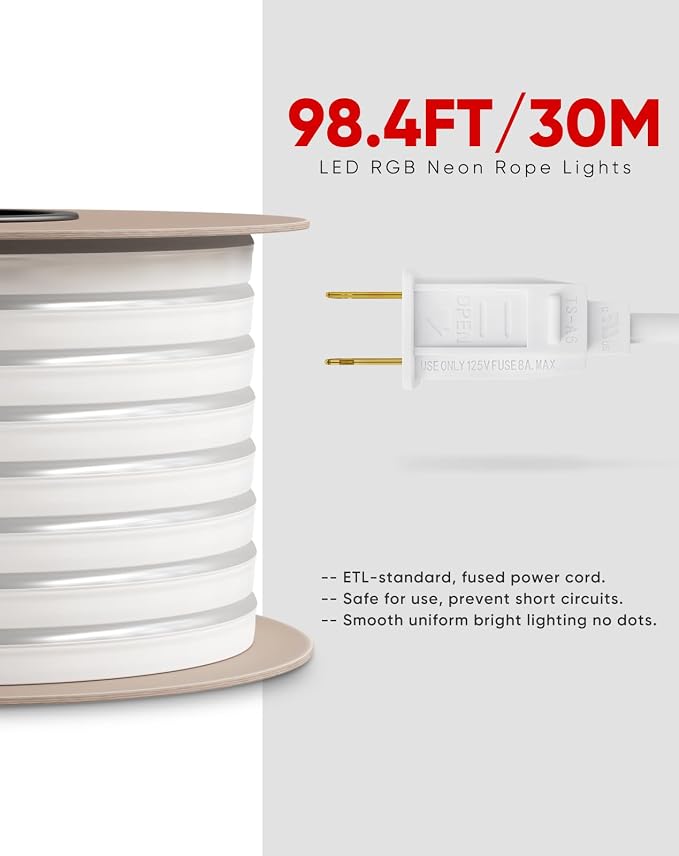 98.4FT LED RGB Neon Rope Lights, ETL-Listed AC 110-120V Neon LED Strip Lights SMD5050 80LEDs/m with Remote, Dimmable Multicolor Change Flexible Neon Rope Lighting Waterproof for In&Outdoor