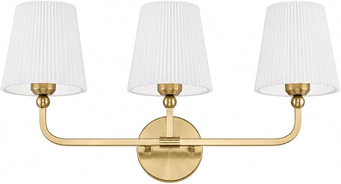 3-Light Brushed Gold Bathroom Vanity Light, Pleated Fabric Shade | 24.75" 3-light gold double wall sconce with white pleated fabric shades, E26 bulbs, hardwired, upward only, VL837-BG-Z-3
