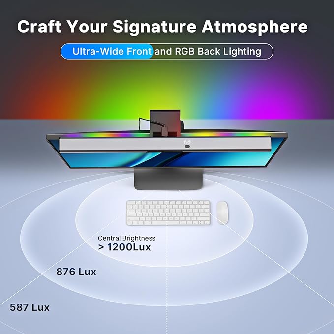 Syrinx 16.7" Computer Monitor Light Bar with Ambient Backlight, USB Reading LED Lamp, Screen Monitor Lamp, Touch + Gesture Control, Dimmable Desk Light, Eye-Caring, No Screen Glare for (RGB)