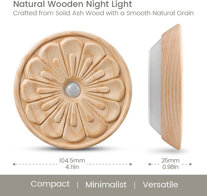 Flower Motion Sensor Night Light, Rechargeable Wooden Lamp | Ash Wood, 3000K Warm White, Backlight Glow, Rechargeable Battery, Magnetic Mount, Sensor Flower Light for Hallway, Bedroom