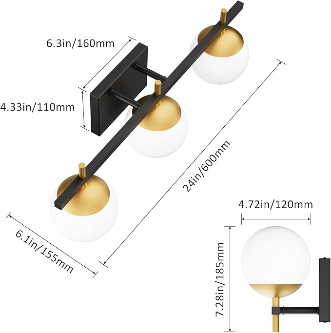 Ralbay Mid Century Modern Bathroom Vanity Lights Black and Gold Milky Glass Modern Bathroom Vanity Lights Over Mirror, Black/Golden 3-Light (Exclude Bulb)