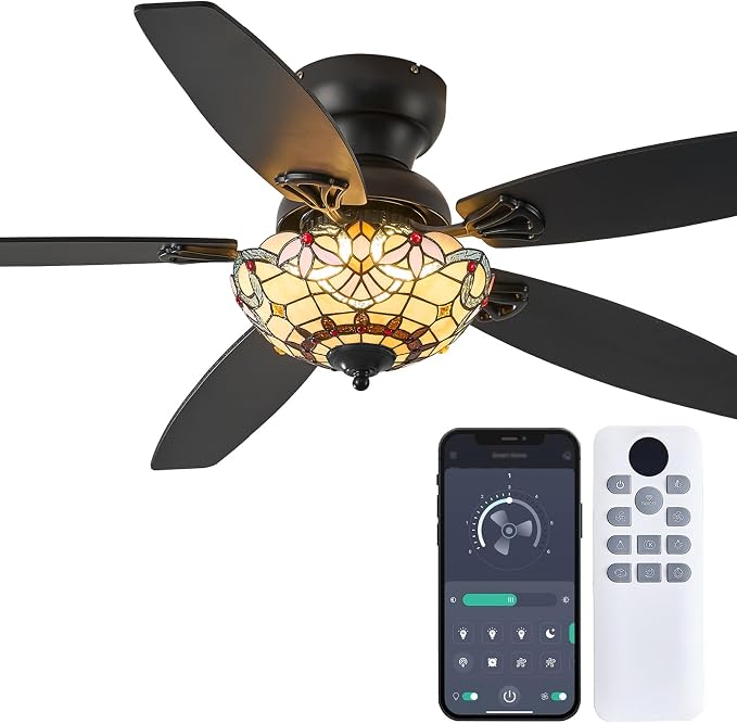 Tiffany Ceiling Fans with Lights-52"Ceiling Fan Chandelier and Glass Shade | 52" Ceiling Fan Chandelier with 5 Dual-Blades and Glass Shade, 6 Speeds and Reversible, Indoor and Outdoor, Retro Style