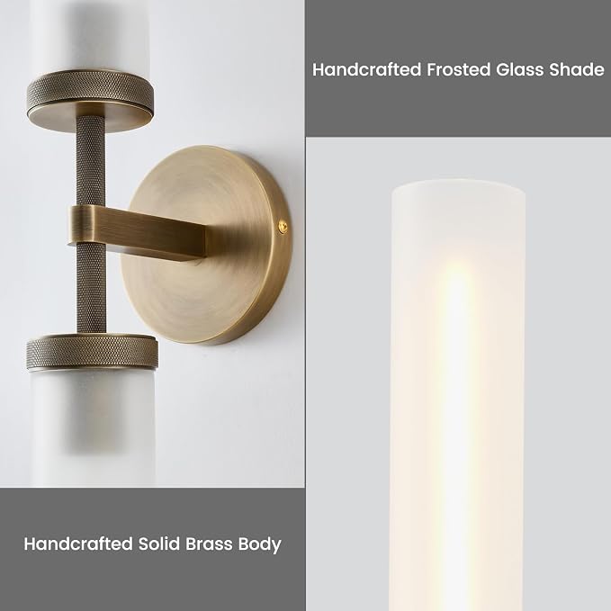 30" 2 Lights Hardwired Frosted Glass Bathroom Wall Sconces, Handmade Knurled Brass Wall Light Fixture,Modern Vanity Light for Living Room,Hallway, Bedroom, Indoor Wall Lamp, Bulb Included