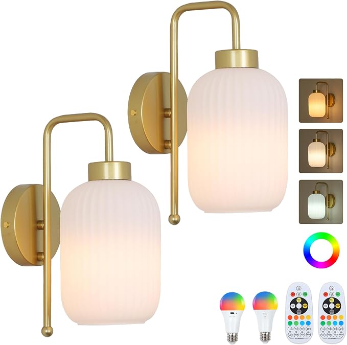 LAMSU Vintage Battery Operated Wall Sconces Set of 2, Wireless Wall Lights with Cream Glass Shade, Remote and Color Temperature Bulb, Gold Rechargeable Cordless Wall Lamps for Bedroom Living Room