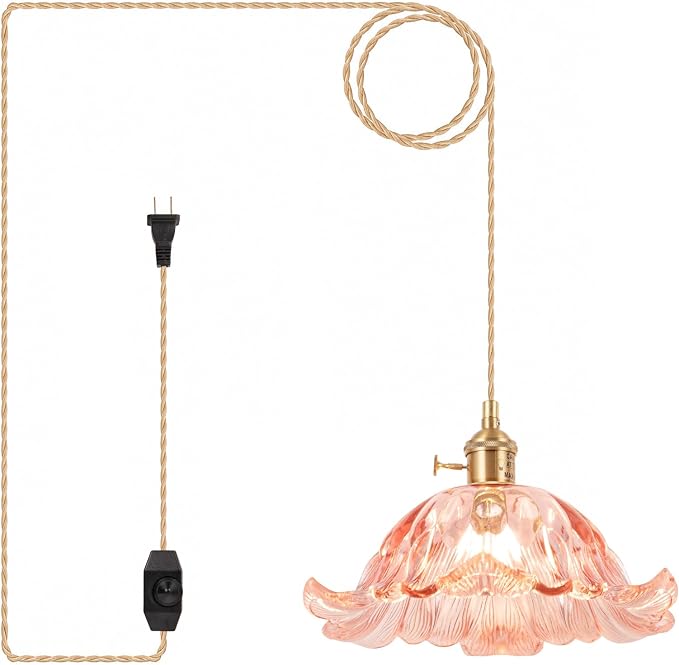 Plug in Pendant Light Fixtures,Hanging Light Fixture Corded On/Off Switch,11 inch E26 Pink Glass Lampshade Pendant Lighting for Kitchen Island, Bedroom, Dining Room
