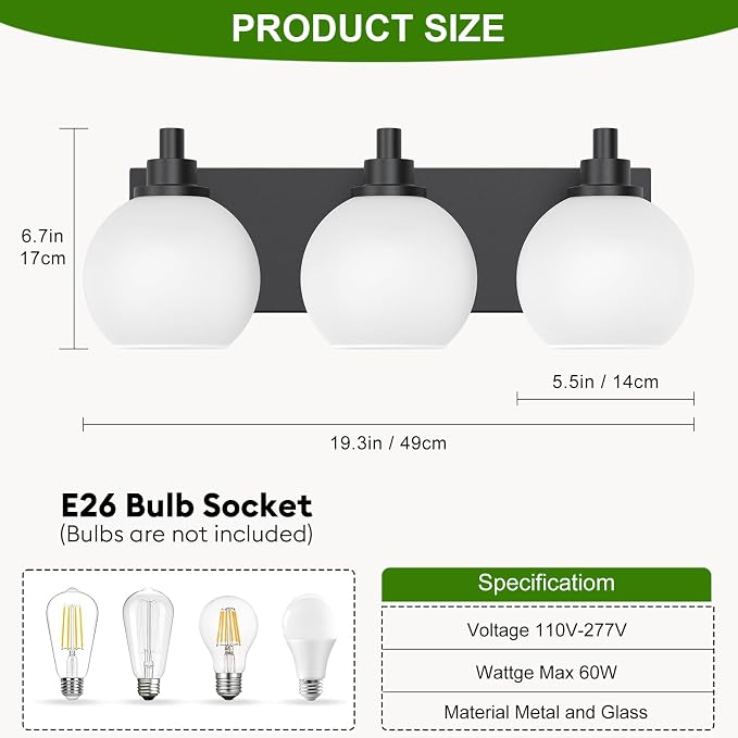 IZORRO Bathroom Light Fixtures, 3-Light Matte Black Vanity Light, Modern Wall Sconces with Globe Milk White Glass Shade, Vanity Lighting Fixtures Over Mirror,E26 Bulb Socket