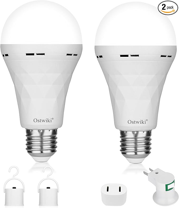 2 Pack Rechargeable Emergency Light Bulbs for Lamps 8500K White Equivalent | Battery Operated Light Bulb 9W E27 Self-Charging LED Bulbs for Power Outage Camping Outdoor Activity
