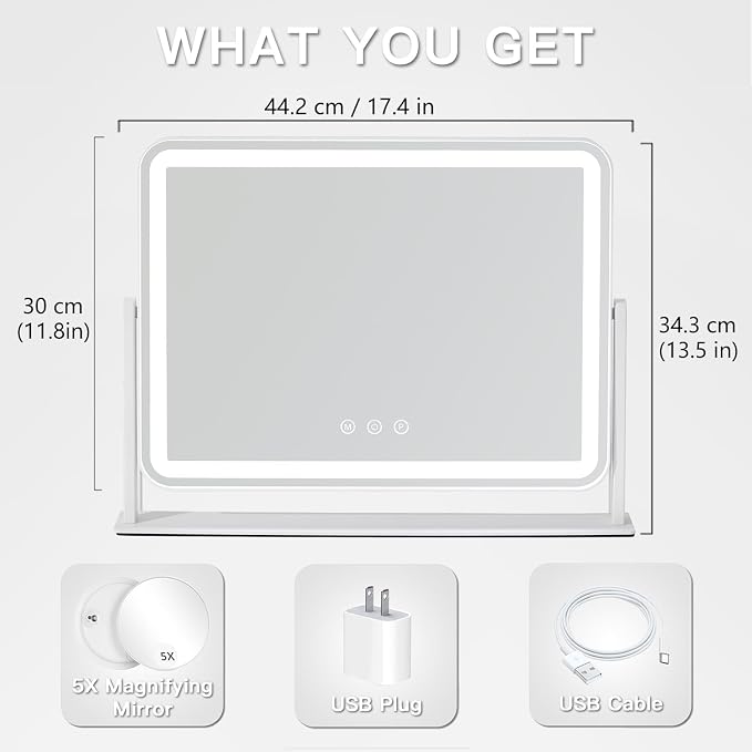 HIEEY Vanity Mirror with Lights, 13.5" x 17.4" Makeup Mirror with Lights, Three Color Lighting Modes, and 5X Magnification Mirror, Smart Touch Control, 360°Rotation (White,Gift Box)