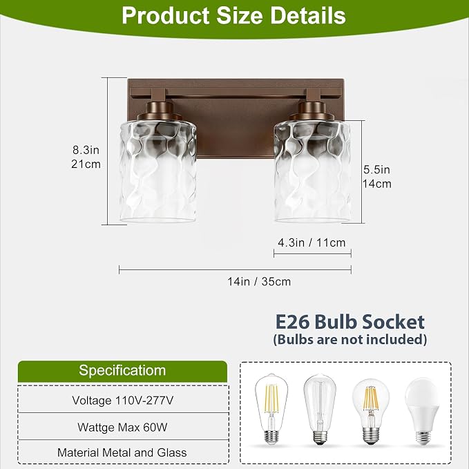 Modern Bathroom Lighting Fixtures Over Mirror, Vanity Lights for Bathroom, Wall Sconces with Clear Glass Shades, E26 Ceramic Socket, 2-Light 14-inch Oil-Rubbed