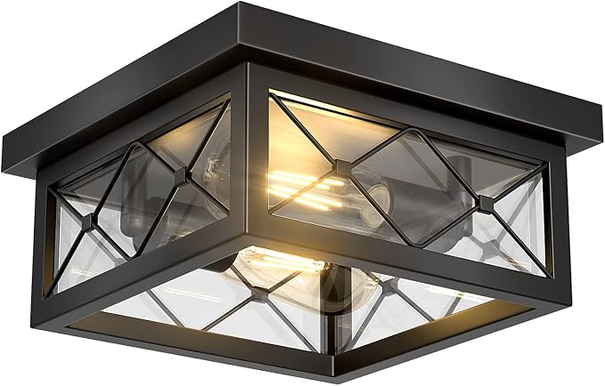 Asnxcju Farmhouse Light Fixtures Ceiling Mount, 2-Light Black Flush Mount Ceiling Light with Clear Glass Shade, Metal Cage Square Close to Ceiling Lamp for Bathroom Kitchen Porch (Bulbs Not Included)