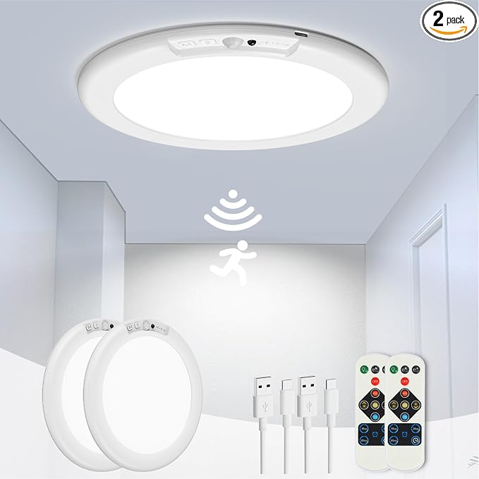 2 Pack Rechargeable Motion Sensor Ceiling Light, Wireless Ceiling Lights Battery Operated Closet Light with Remote, 500LM 3000K/4500K/6500K, 0.55″ Ultra Thin Lights for Bathroom Hallway Pantry