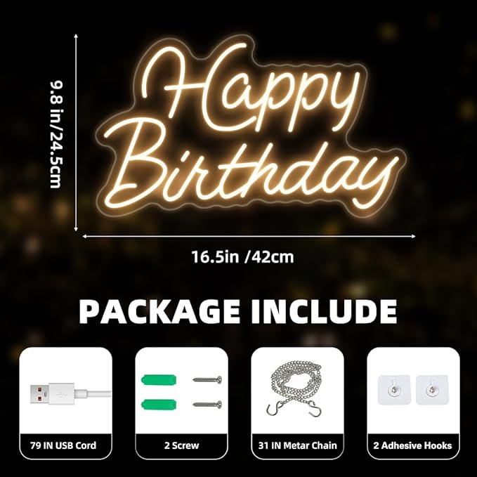Happy Birthday Neon Sign for Wall Decor,Led Happy Birthday Neon Light Sign,USB Powered Dimmable Light Up Sign for Birthday Party Backdrop Decoration, Warm White, 16.5x9.8 inch