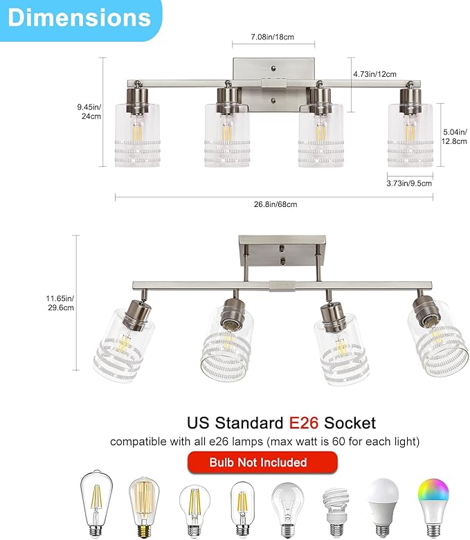 Track Lighting Fixtures Ceiling Kitchen Track Lighting Brushed Nickel 4-Light Bathroom Vanity Light Complete Track Lighting Kits Bathroom Light Fuxtures with Glass Shades E26 Base Adjustable Heads