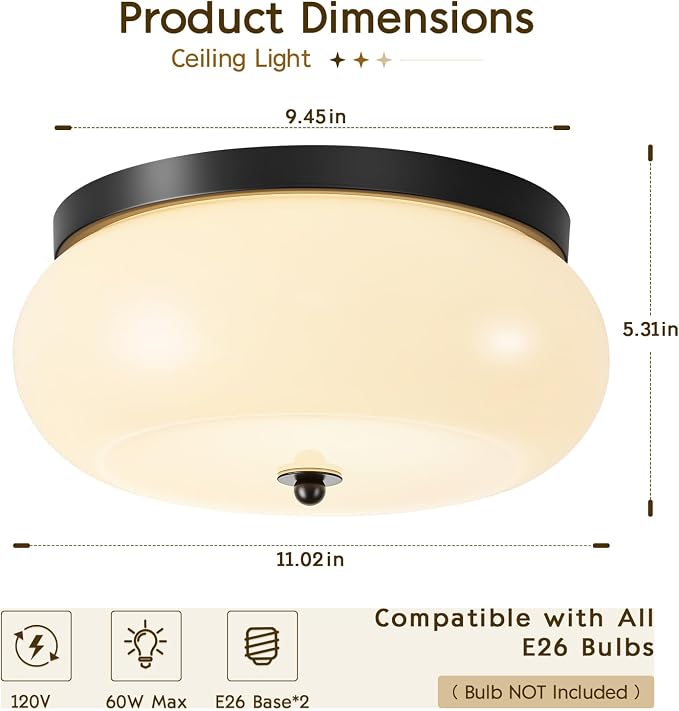 2-Light Black Ceiling Light, 11.02 in Milky White Glass Shade | Mid-Century Modern Metal Base, E26 Ceramic socket, Hallway, Kitchen, Bedroom, Bulb Not Included