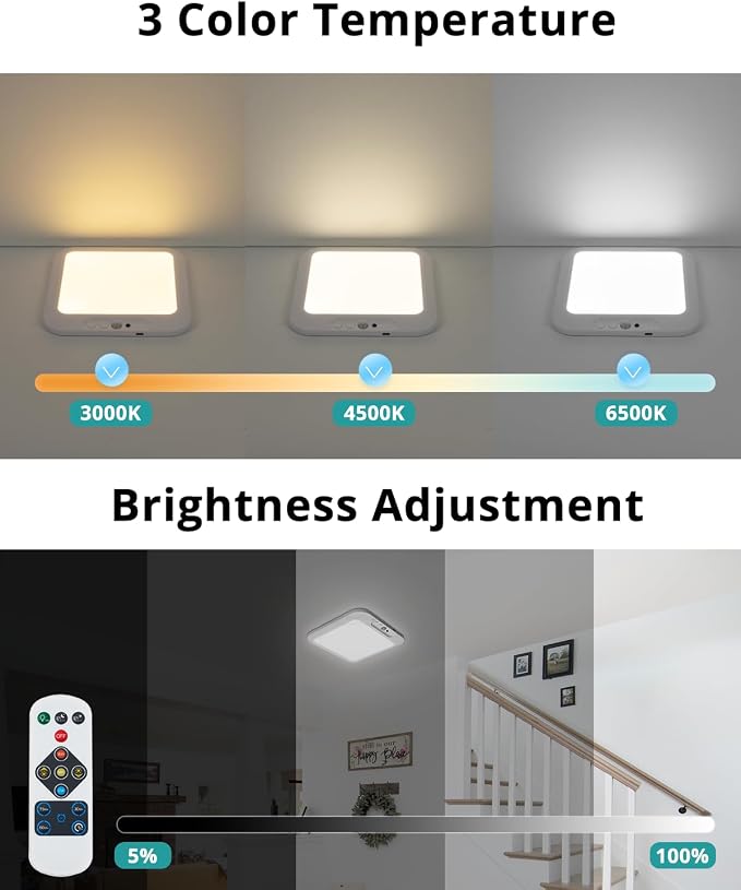 wowatt 2PC Rechargeable Battery Operated Ceiling Light Motion Sensor Indoor | Wireless Magnetic Shower Light with Remote, 3000K 4500K 6500K, Dimmable Motion Sensor Overhead Lights for Shower Closet