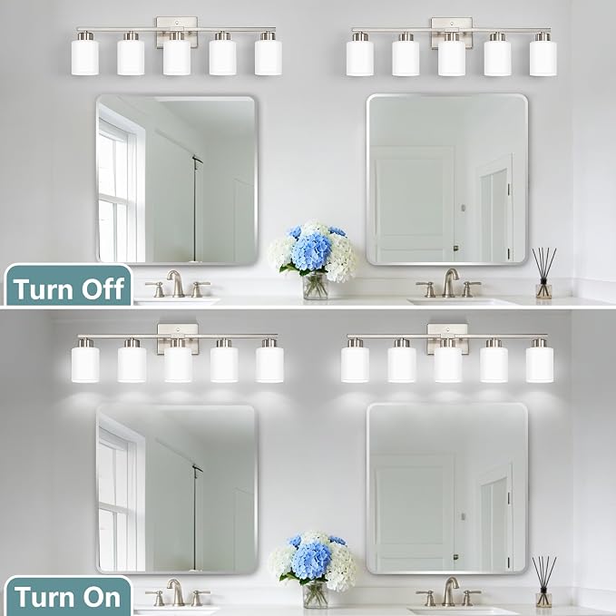 Brushed Nickel Bathroom Light Fixtures Vanity Lighting Over Mirror | 5-Light Modern Wall Sconces with Milky White Frosted Glass Shades for Restroom (E26 Socket)