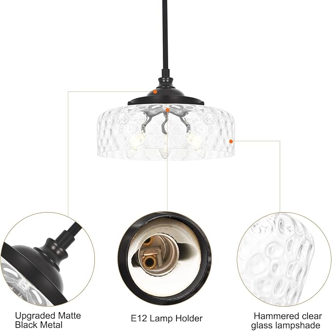 3-Light Adjustable Pendant Lights Kitchen Island, Black Pendant Light Fixture with 12" Clear Hammered Glass Shade, Modern Drop Light for Bathroom, Hallway, Convertible Ceiling Mount Or Hanging Fixture