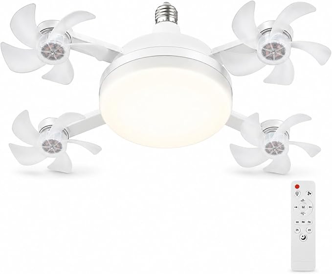 Socket Fan Light, Screw in Ceiling Fan with Remote, Light Socket Fan with LED Light, 3 Speeds, 3 Color Temperatures, Foldable E27 Fan Light for Bedroom Kitchen Garage (4 Head)