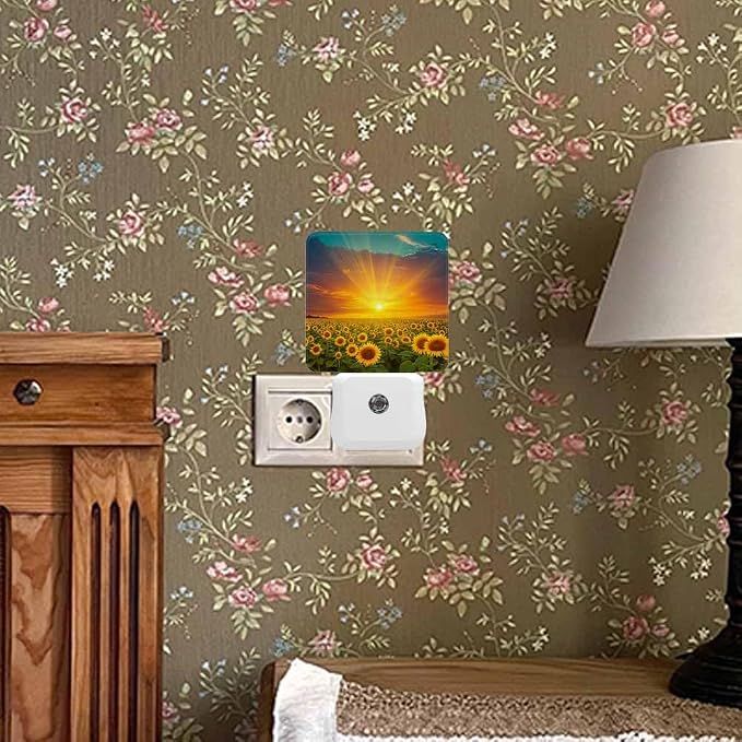 Sunflower Fields Night Light Sunset Beautiful Golden Yellow Sunflowers LED Night Lights Plug into Wall for Stairway Hallway Bedroom 0.5W Nightlight