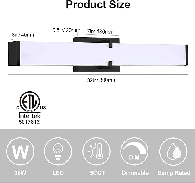 Bathroom Vanity Light 2700/3000/3500/4000/5000k Dimmable, Black Modern Matte for Vanity Lighting Over Mirror LED, 32 inch IP44 36W Equivalent to Incandescent 300W, ETL Listed (1 Pack)