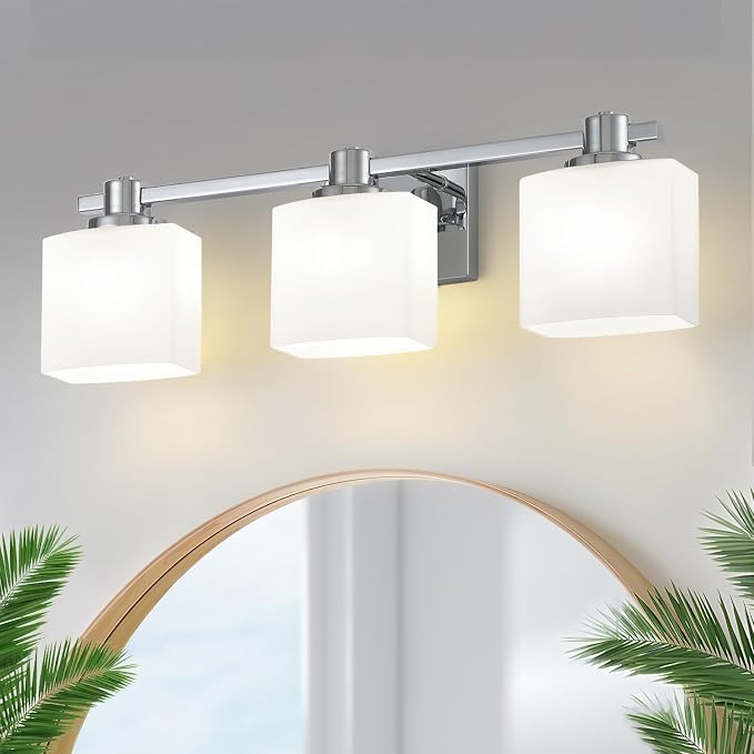 23 Inch Chrome Bathroom Light Fixtures Over Mirror 3 Light Bathroom Vanity Light Silver Modern Industrial Makeup Lighting Wall Sconce Shower Farmhouse Rustic Milk Glass Lamp Above Desk Sink