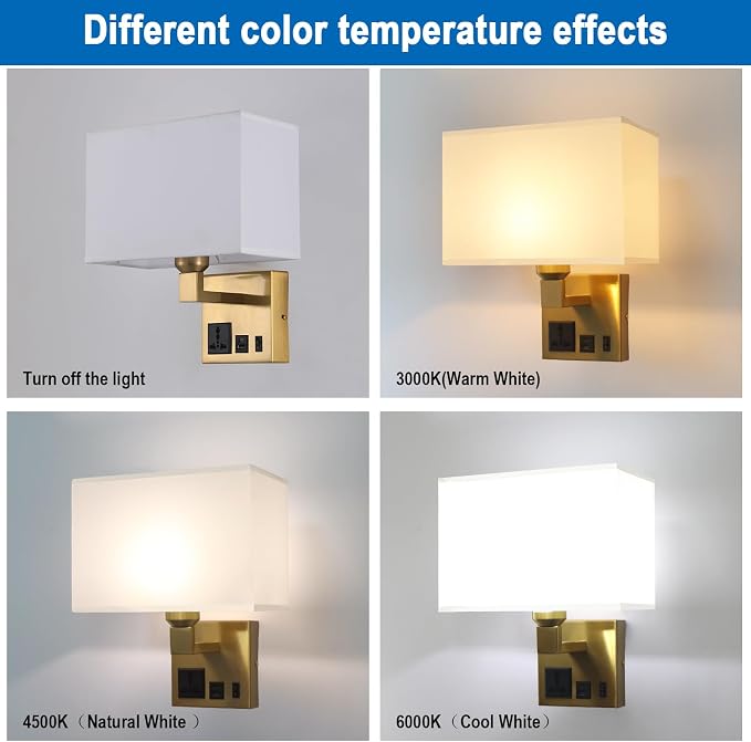 Plug in Wall Sconces, Wall Lamp with Brass Base Square lampshade | Wall Lamps for Bedroom Bulb Included, Wall Mounted Lamp with 3 Color Temperature, Bedside Lamps with USB Ports and AC Outlet