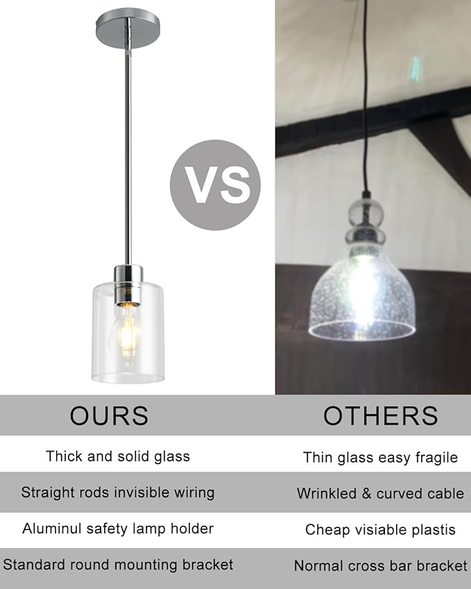 Chrome Pendant Lights Kitchen Island - Clear Glass Pendant Light Fixture Multiple Stems Rods 3 Units 12 Inch 3 Units 4 Inch (1 Pack Chrome Downrod)