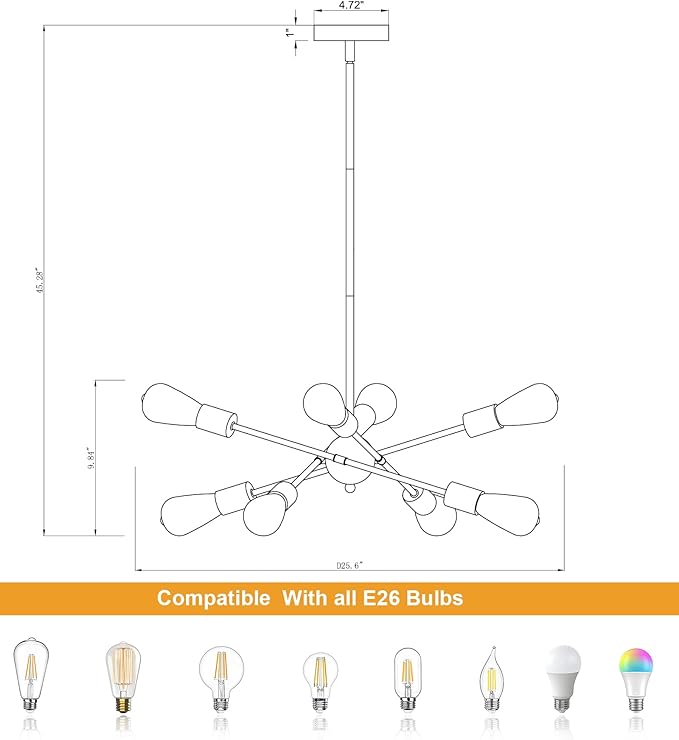 8 Lights Dining Room Light Fixtures Modern Sputnik Chandelier Black and Gold Mid Century Pendant Light for Kitchen Island Entryway Foyer Living Room UL Listed